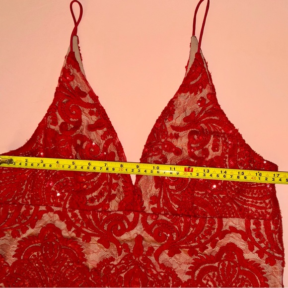 Free People Night Shimmers Mini Dress Womens Size 14 Red V Neck Lace Sequin New - Picture 13 of 16